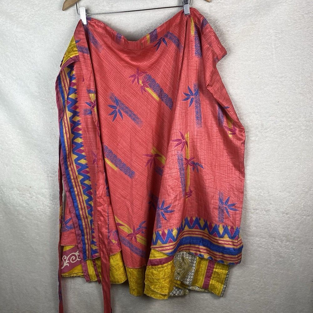 Traditional Women's Silk Sari Wrap Skirt Maxi Boho Tropical Print Double Layered